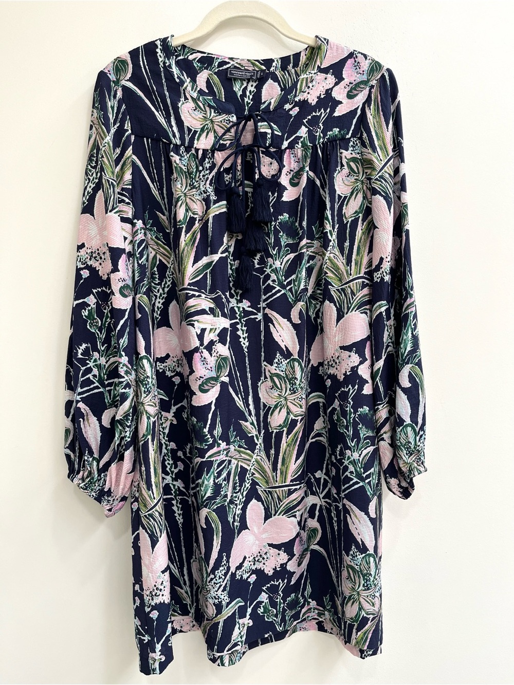 Vineyard Vines Floral Jacquard Long Sleeve Shift Dress Navy Blue Pink Tassels LG